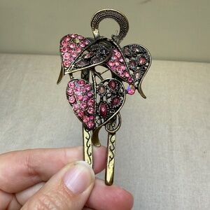 Vintage Brass Alligator Hair Clip Rhinestone Jewels Leaves